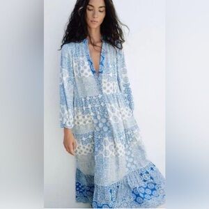 ZARA Blue & White Patchwork Tile Bohemian Print Tiered Midi Dress